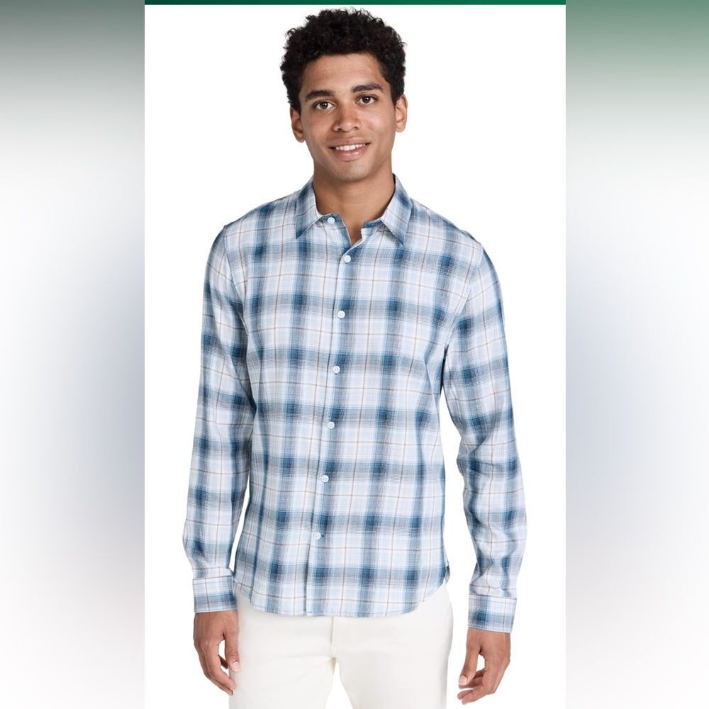 Vince Blue Seaside Plaid Classic Fit Button-Up Shirt in Surf Mist Men’s Small